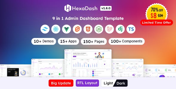 HexaDash | Tailwind CSS, React, Svelte, Vue, Laravel, Nodejs, Django & HTML Admin Dashboard Template